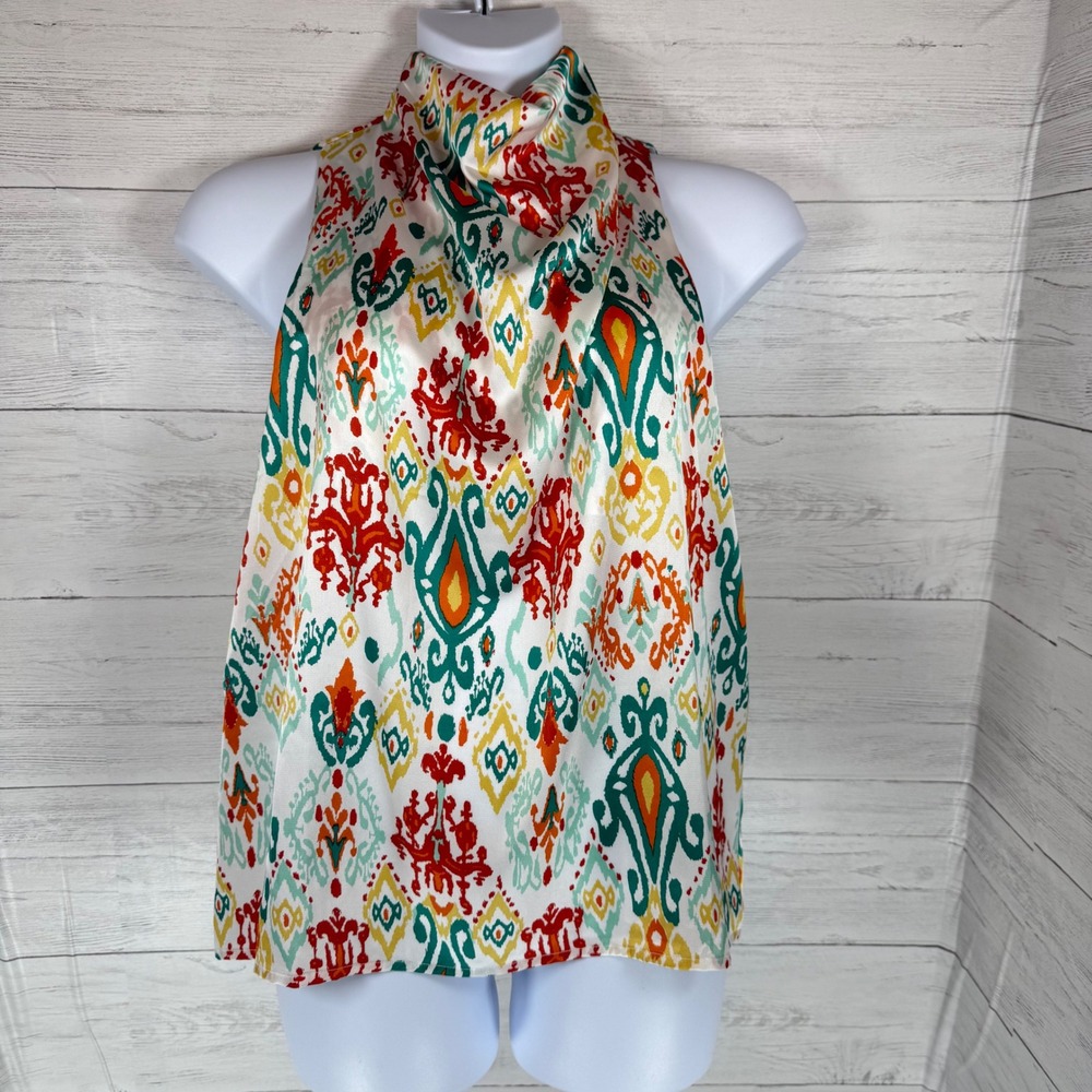 Entro Anthro small Halter orange ivory geometric silky‎ women blouse boho career - Picture 2 of 9